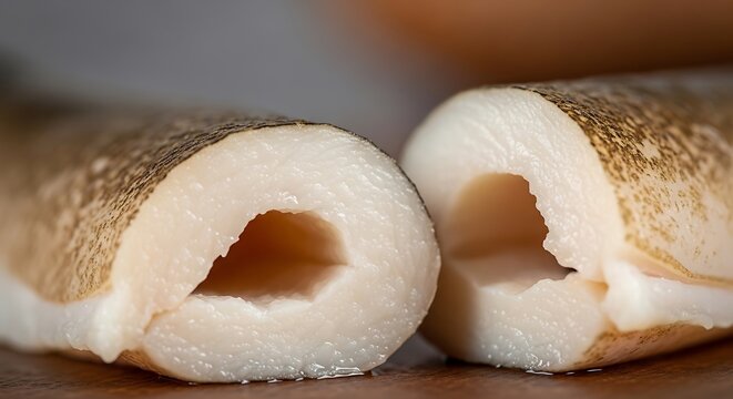 Close-up view of hollowed-out cylindrical food items with white interior surfaces. astice
