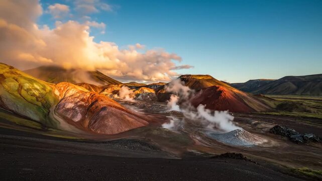 Colorful volcanic landscape with steaming vents and dramatic clouds at sunrise creating a dynamic natural spectacle