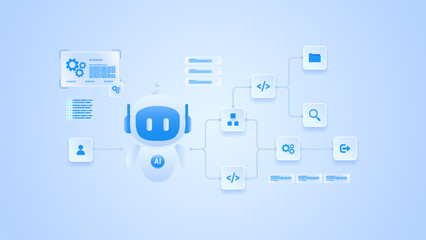 Fototapeta premium AI workflow automation artificial intelligence. ai agent workflow automation diagram with user input, processing flow, ai model, coding and automation system.