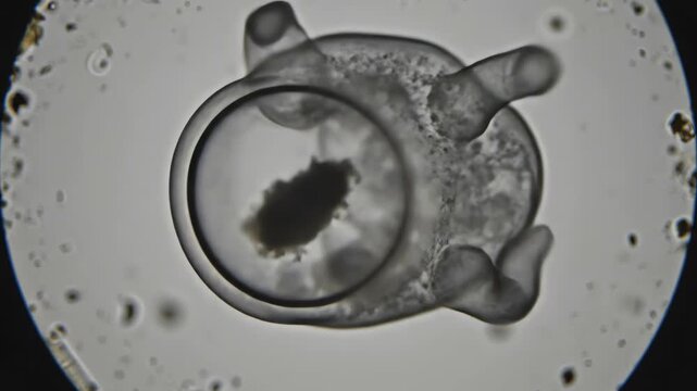 Microscopic view of a single-celled protist under microscope, showcasing its complex internal structures and pseudopods in motion, a fascinating glimpse into the unseen world of microorganisms