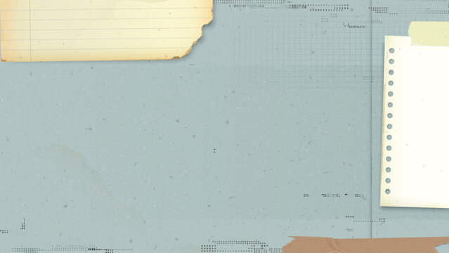 Old blue paper with ink stains from defect risograph printing background with vintage foolscap paper, notepaper and adhesive tape around have blank space.