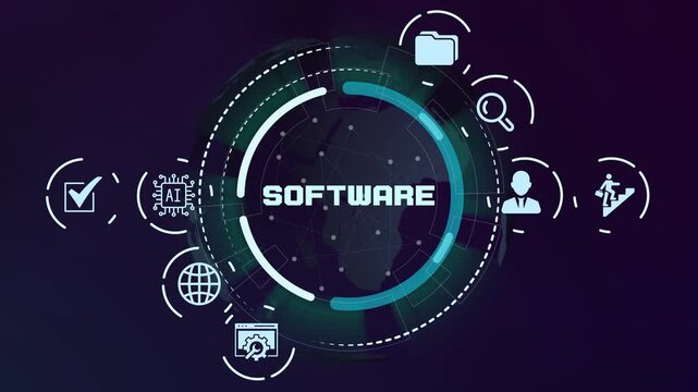  Modern software development concept with futuristic digital interface icons for cloud computing and business automation.