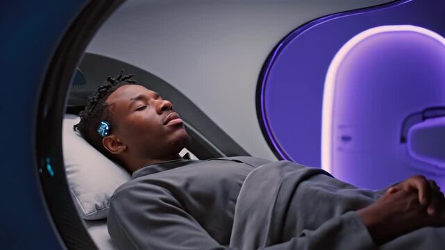 black man lying in neurostimulation pod, wearing ear electrodes and gray hoodie, eyes closed in relaxed state, ambient purple LED halo, hightech control panel showing waveform, clinical