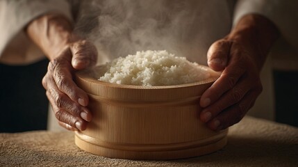 Fototapeta premium Chef's hands fluffing freshly steamed japanese rice kitchen food photography warm atmosphere close-up culinary art