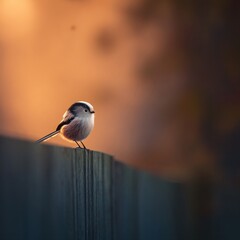 Backlit longtailed tit perched on empty fence warm glow evening light nature photography serene environment
