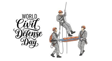 Illustration of emergency responders in action for World Civil Defence Day with a rescue scene and safety gear.