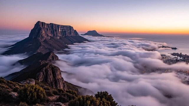 Dramatic time lapse of cape town city emerging from thick clouds at sunrise with table mountain in background