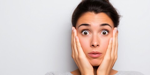 Person expressing disbelief with hands on face indoor setting portrait photography neutral background emotional reaction