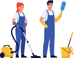 Professional Male and Female Cleaners in Blue Overalls with Vacuum Cleaner, Mop, and Duster for Commercial Janitorial and Home Cleaning Service Business Advertisements © Sanjida
