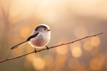Small long-tailed tit perched on a branch beautiful bokeh background nature photography serene environment close-up view