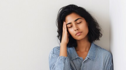 Person leaning against white wall studio photo emotional expression minimalist environment close-up view reflective mood