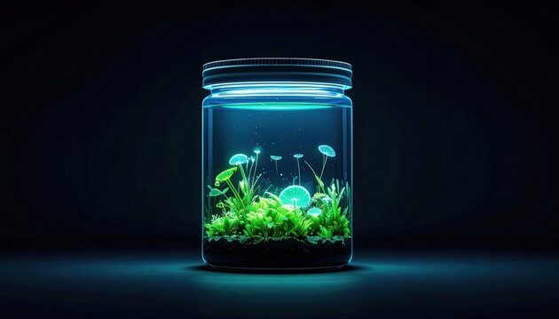 A FlyPro Firefly array of bioluminescent algae, captured in realistic photography, radiates an otherworldly light within a dark, transparent container.