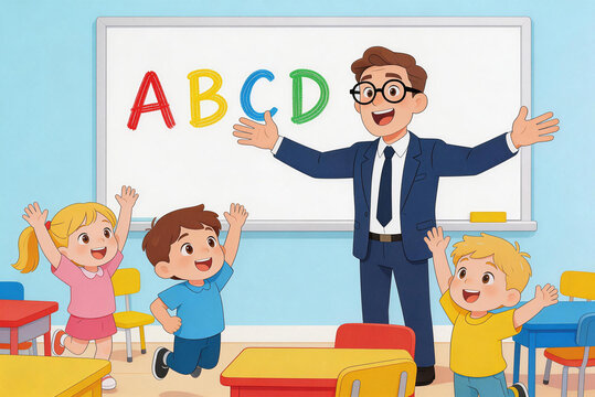 A male teacher teaches English letters to happy young children in a classroom setting with colorful desks and chairs.