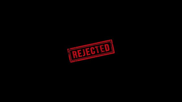 Red REJECTED stamp with powerful stomp animation on black background. Ideal for application denial, compliance rejection, audit result, access denied message, and business validation failure visuals