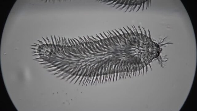 Detailed microscopic view of a single-celled protist under microscope showing intricate cilia and cellular structure, a fascinating glimpse into aquatic microorganisms and scientific research