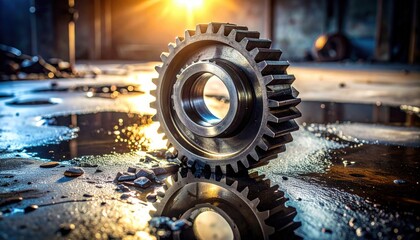 FlyPro Firefly Metallic sheen of a damaged industrial gear with broken teeth near viscous fluid on grimy concrete