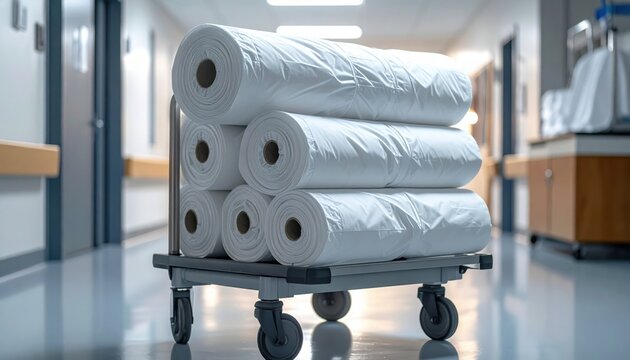 FlyPro Firefly Disposable Bed Sheet Rolls Stacked on a Trolley in Diffused Ward Lighting
