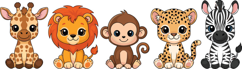 Fototapeta premium Cute Baby Safari Animals Set with Giraffe, Lion, Monkey, Leopard, and Zebra for Kids Nursery Illustration and Cartoon Wildlife Designs