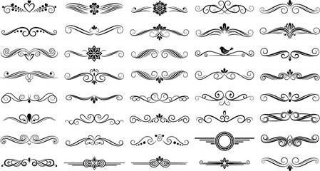 Obraz premium Decorative vintage dividers set, ornamental flourishes collection, elegant page border elements, wedding invitation line art, floral scroll vector illustration, antique.