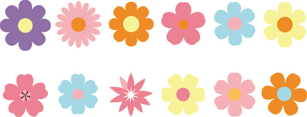 Cute Colorful Flat Flower Icons Set with Retro Style Blossoms for Spring Decoration, Kids Design, Patterns, Stickers, and Floral Backgrounds