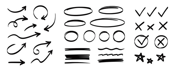 Arrow, circle, underline marker hand pen set. Arrow line marker hand drawn brush pencil sketch. Doodle check, cross, star oval round icon sign symbol texture rough. Vector illustration
