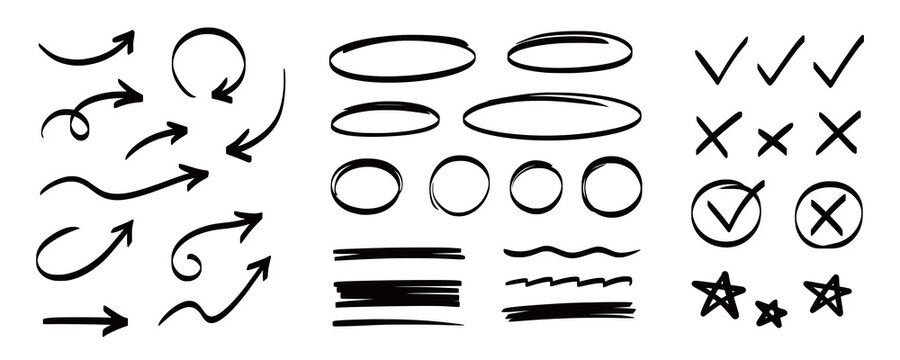 Arrow, circle, underline marker hand pen set. Arrow line marker hand drawn brush pencil sketch. Doodle check, cross, star oval round icon sign symbol texture rough. Vector illustration