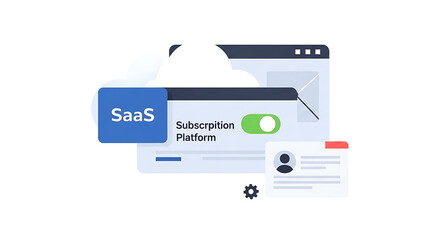 Fototapeta premium Modern illustrative representation of Software as a Service (SaaS) cloud computing, detailing subscription platform management, digital user profiles, and seamless online service delivery system
