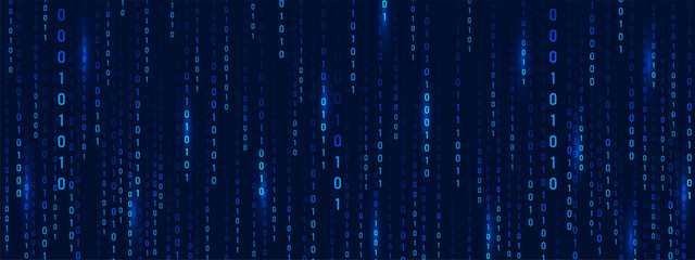 Binary Rain code on blue abstract background. Technology and security. Futuristic cyber matrix with computer information and science fiction depth. Vector illustration.