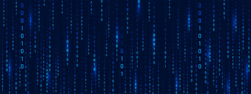 Binary Rain code on blue abstract background. Technology and security. Futuristic cyber matrix with computer information and science fiction depth. Vector illustration.