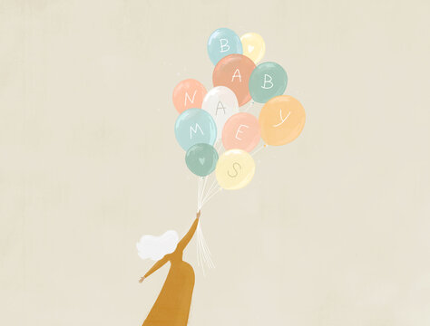 Pregnant Woman with Baby Name Letter Balloons