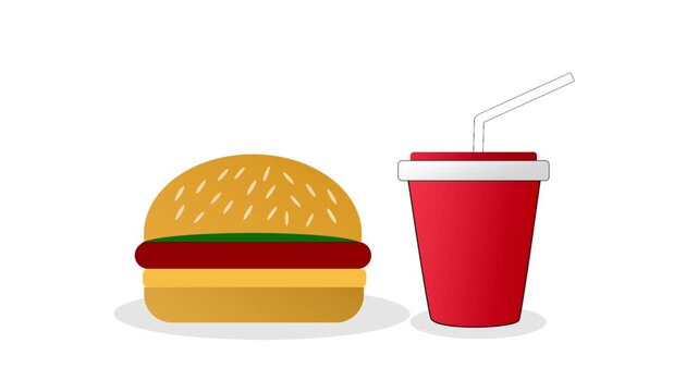 A 2D flat animated hamburger and red soft drink cup isolated on white and green screen backgrounds