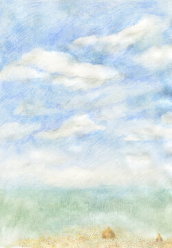 calm cloudy landscape with haystack 