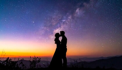 Fototapeta premium Silhouetted couple embracing under starry night sky