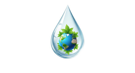 Obraz premium A blue globe with green leaves inside a transparent water droplet isolated on transparent background