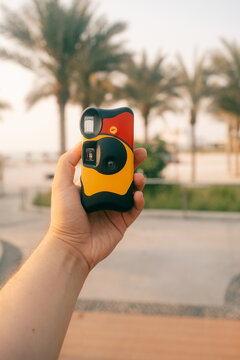 Hand holding a disposable film camera with palm tree in background
