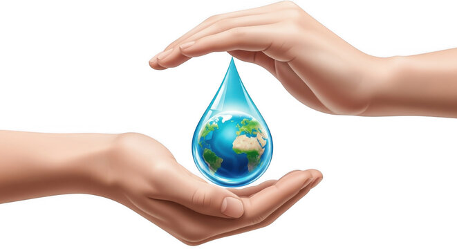 Hands holding a water drop with the earth inside isolated on transparent background
