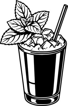 Artistic rendition of a refreshing mint julep beverage in monoch
