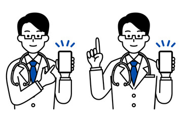 スマートフォンの画面を見せる医師の男性　セット