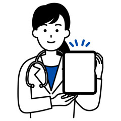 タブレットの画面を見せる医師の女性