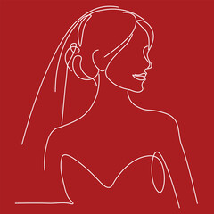 Minimalist White One Line Bride Profile Illustration on Red Background