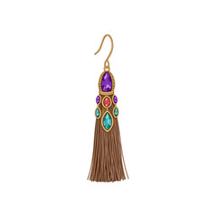 Elegant tassel earrings with colorful gemstones isolated on white background, featuring vibrant purple, teal, and brown hues in a stylish design