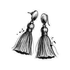 Elegant tassel earrings with intricate detailing, artistically illustrated in black and white, isolated on a clean white background