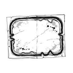 Artistic sketch of a greasy label with ink splatters, isolated on a textured white background, featuring rough edges and abstract elements