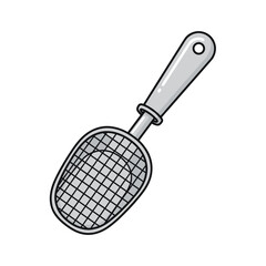 Mesh scoop with a sturdy handle, intricately detailed and isolated on a white background, showcasing its functional design