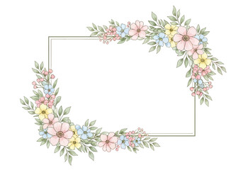 Watercolor Floral Frame with Delicate Flowers and Leaves.
