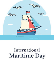 Sailing Ship Illustration for International Maritime Day with Seagulls and Ocean in Flat Style © Bacon