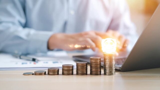Business person analyzing documents with growing coin stacks and a glowing financial success symbol on a desk