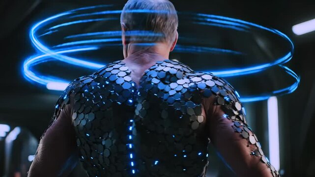 An aged figure inspects prosthetic parts with advanced scanning devices, Senior technician evaluates health of cybernetic implants and protective plating using holographic displays