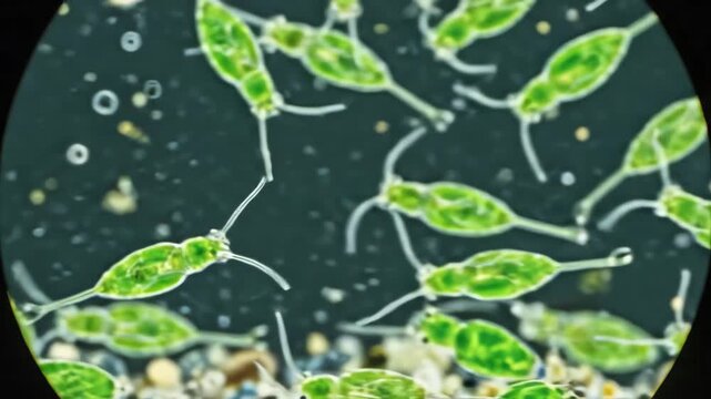 Detailed microscopic view of a protist under microscope showing internal structures and cilia, with other microorganisms swimming in a clear liquid environment, scientific discovery and biology