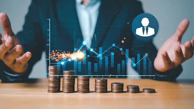 Businessman's hand reaching towards a glowing dollar sign above decreasing stacks of coins with financial charts and a user icon